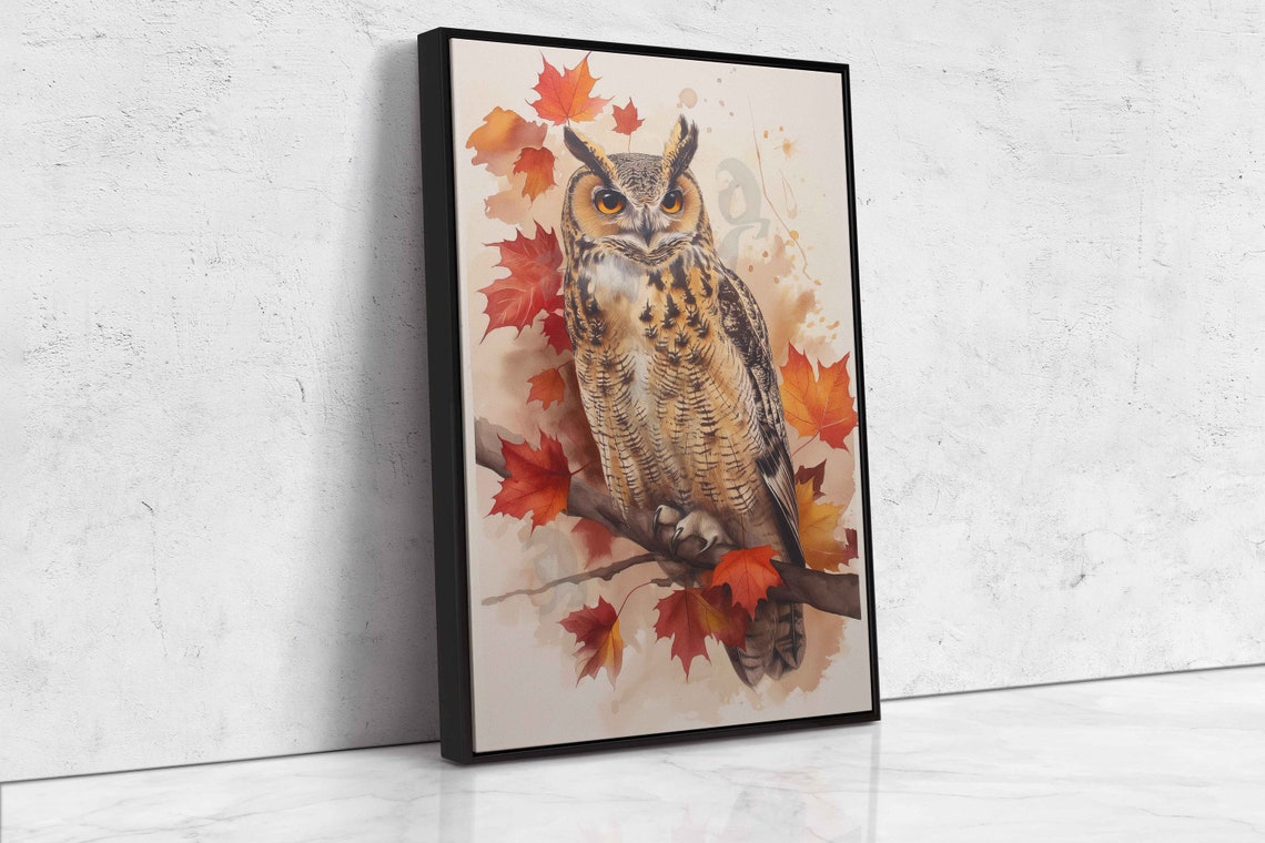 Great Horned Owl On Branch Surrounded By Red Autumn Leaves Poster - Image 4