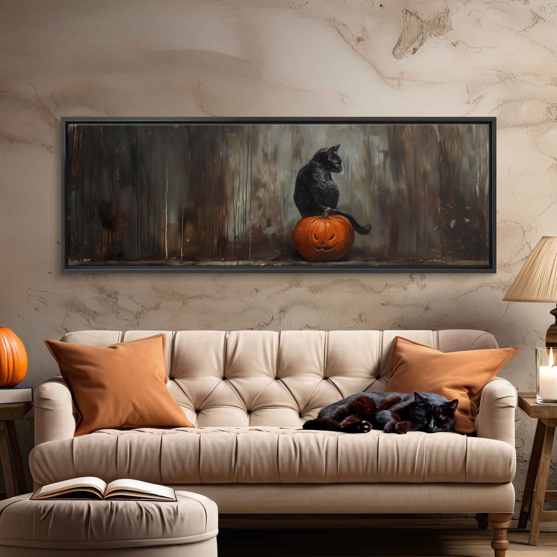 Black Cat Sitting On Pumpkin In Dark Haunted Woods Painting Poster