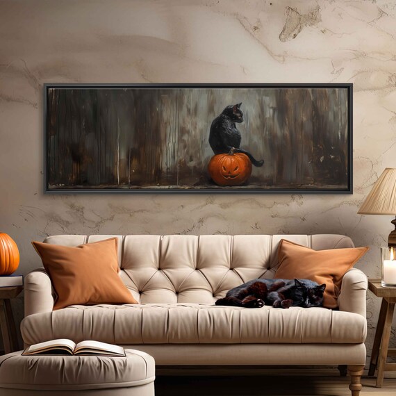Black Cat Sitting On Pumpkin In Dark Haunted Woods Painting Poster