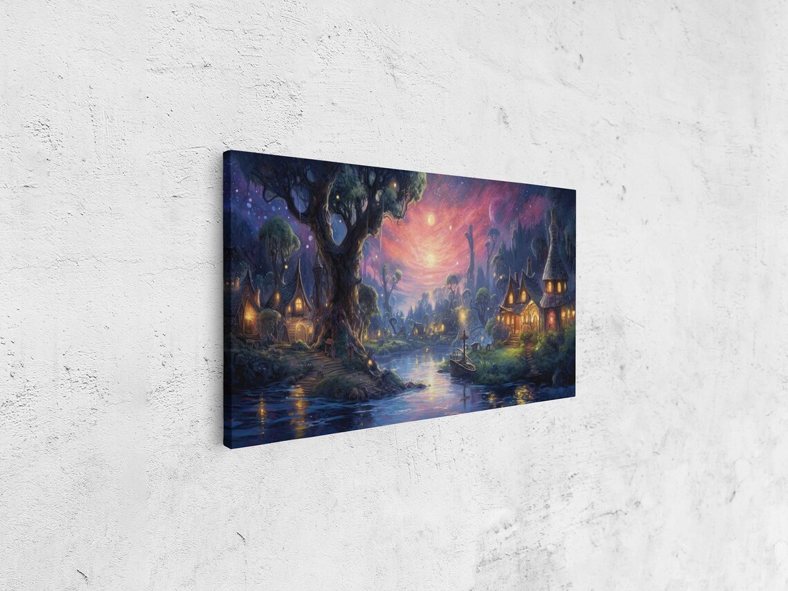 Enchanted Fairy Tale Village River Twilight Fantasy Forest Landscape Print - Image 4