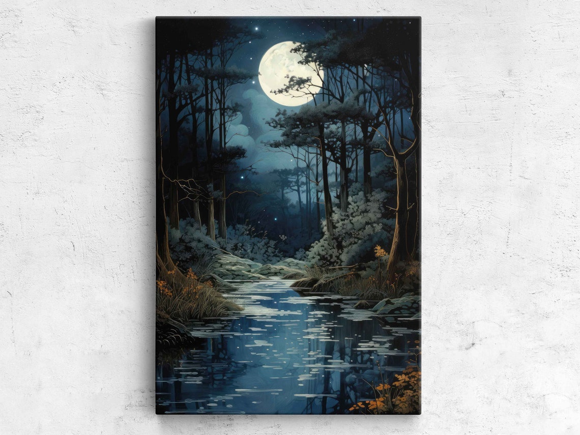 Moonlit Forest Stream Night Painting Full Moon Reflection Woods Poster