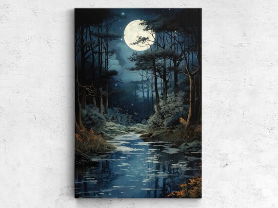 Moonlit Forest Acrylic Painting Framed Print Ready To Hang