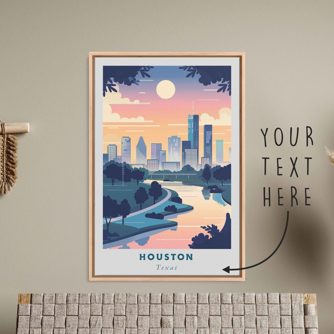 Houston Texas Skyline Bayou Park Sunset Reflection Travel Poster