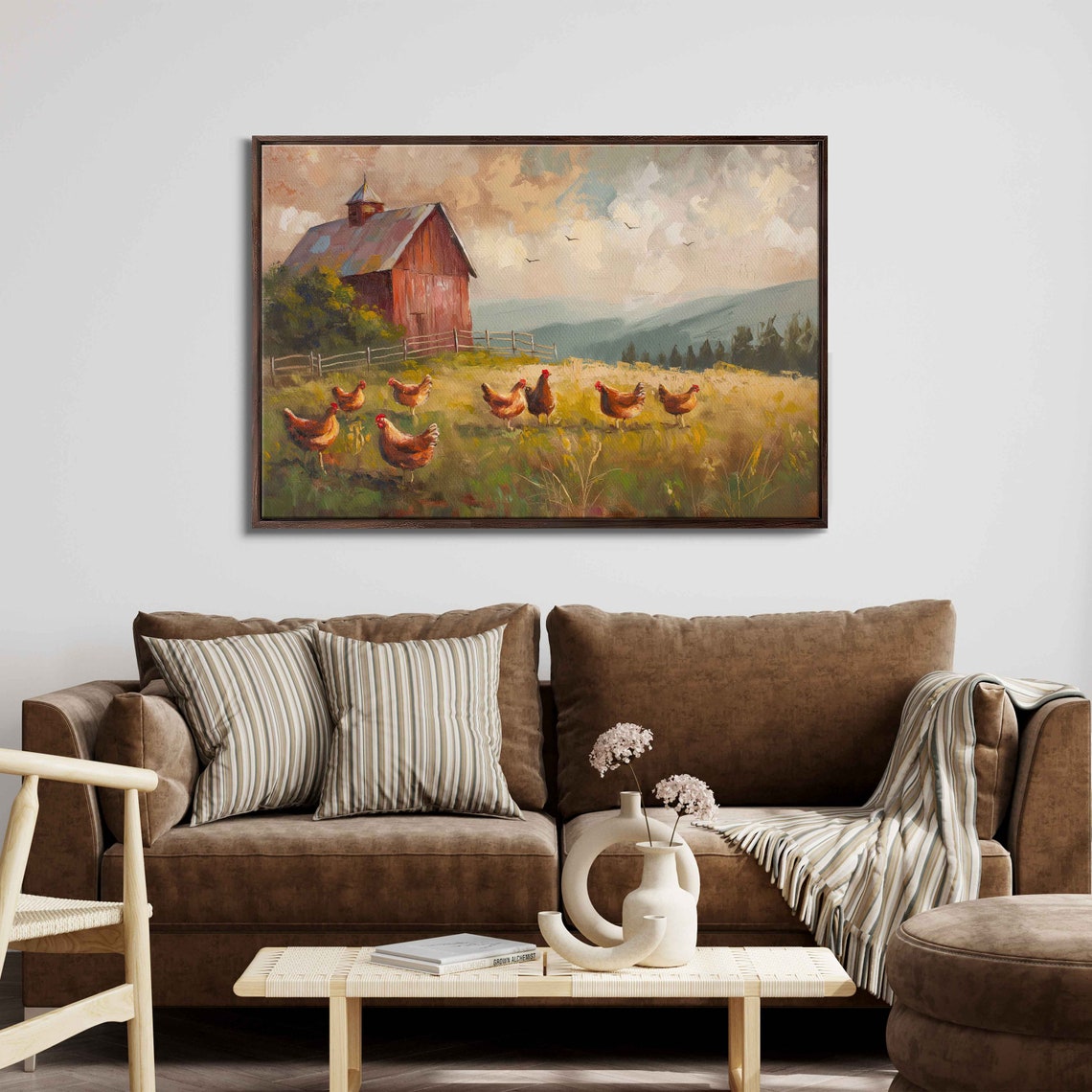 Chickens Roosters Red Barn Golden Field Mountain Backdrop Painting