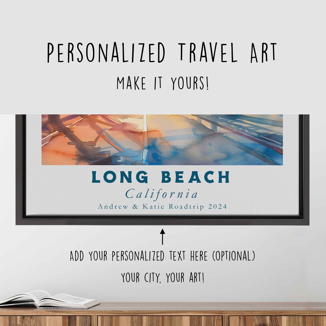 Long Beach California Palm Lined Street Ocean Watercolor Travel Poster - Image 4