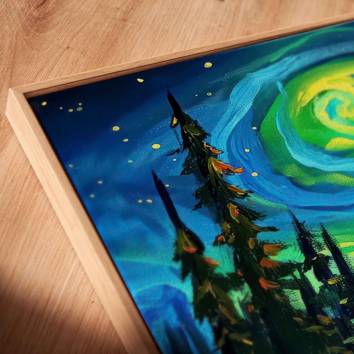 Starry Night Aurora Swirls Over Pine Forest Lake Green Blue Wall Poster - Image 2