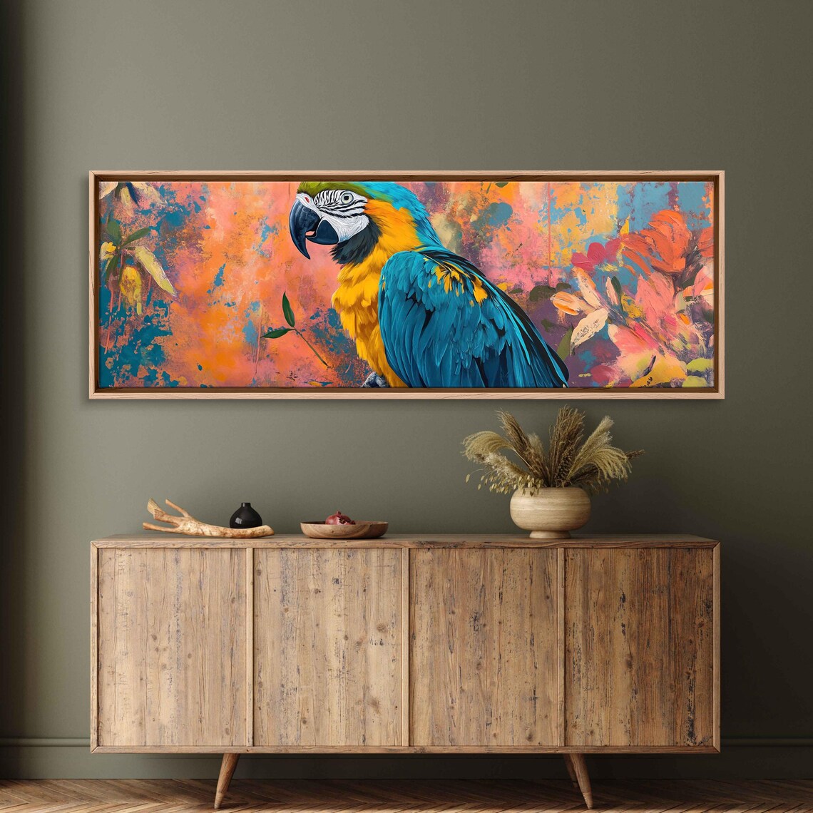 Blue And Yellow Macaw, Abstract Tropical Flora Art Print