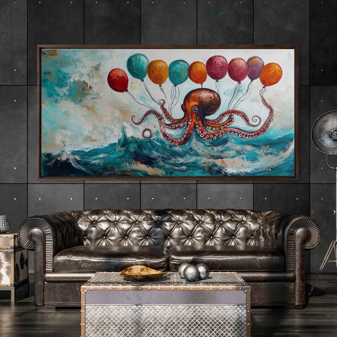 Surreal Octopus With Balloons Wall Art Print Colorful Playful Stormy Sea - Image 3