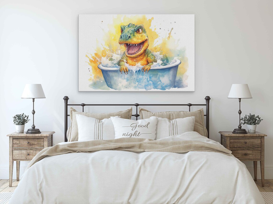 Adorable Baby T Rex in a Bathtub Watercolor Cute Dinosaur Art Poster - Image 3