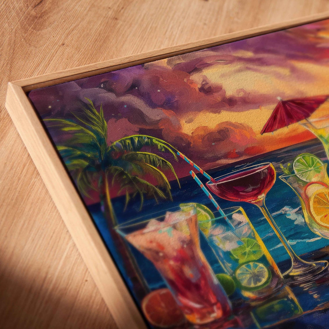 Panaramic Cocktail Painting Palm Trees In Sunset Vibrant Color Wall Art Print Ready To Hang - Image 2
