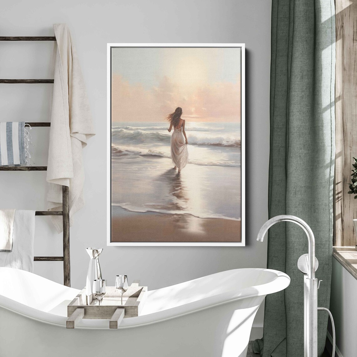Woman Walking Beach Ocean Waves Sunrise White Dress Serene Coastal Print - Image 3