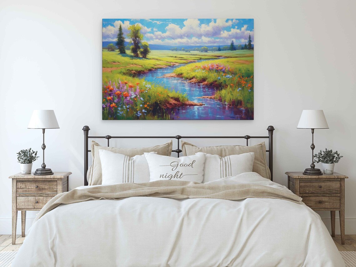 Summer Meadow River Painting, Vibrant Landscape Art Print - Image 3