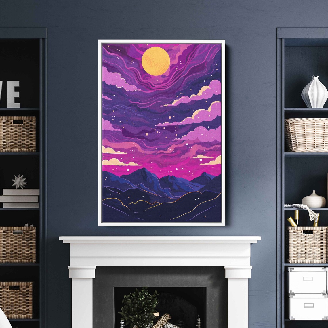 Neon Sunset Landscape Abstract Wall Art Print Vibrant Colors Trippy Clouds Mountain Range Ready To Hang - Image 2