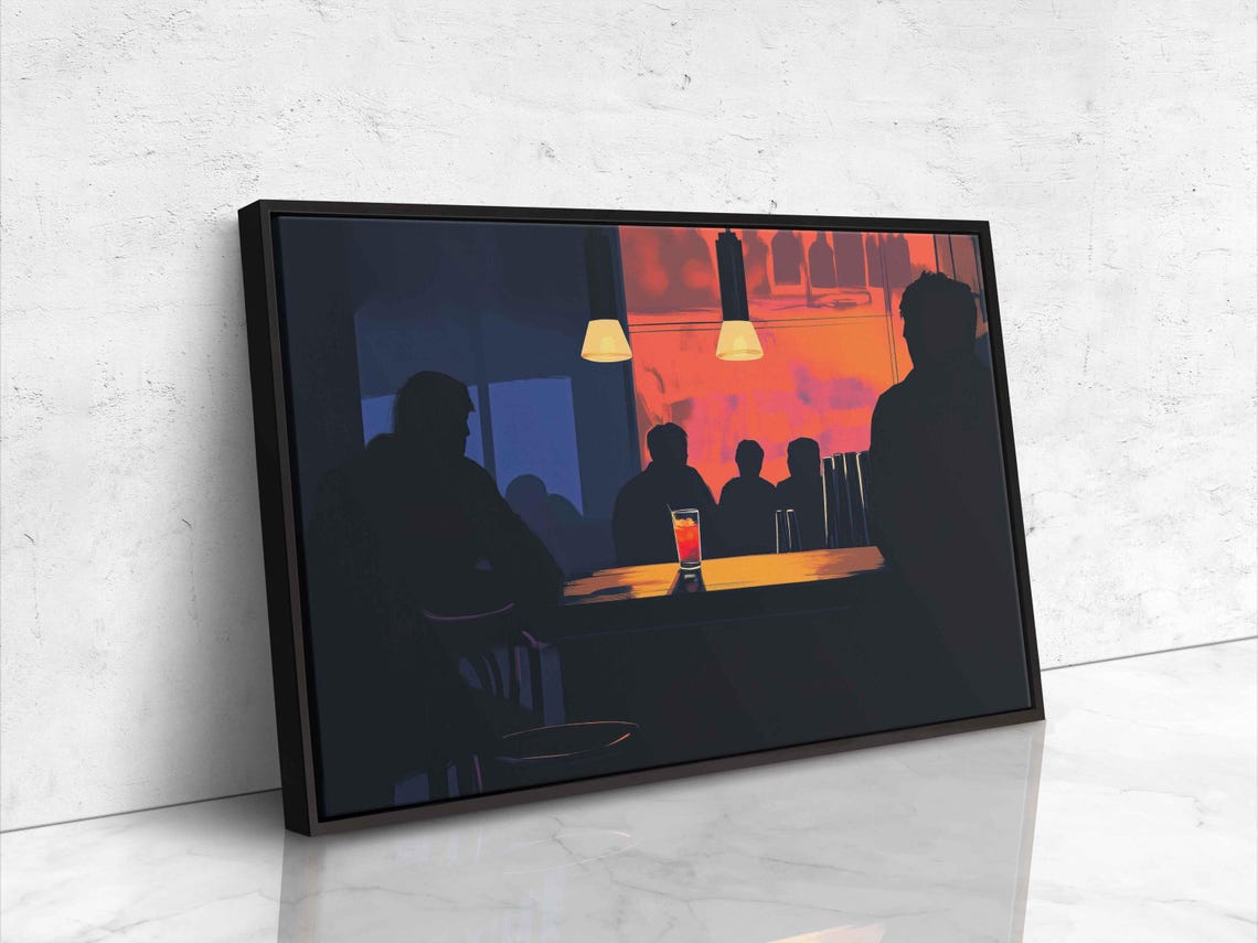 Bar Silhouettes at Dusk Neon Orange Window Evening Scene Poster - Image 4