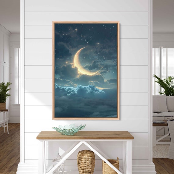 Crescent Moon Above Clouds Hyperrealism Photo Wall Art Print Celestial Poster Minimalistic Print Impressionism Ready To Hang