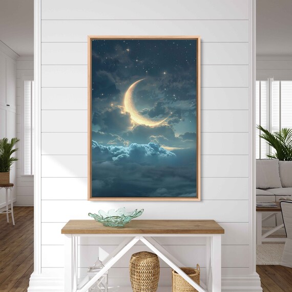 Golden Crescent Moon Over Dreamy Teal Clouds Starry Night Poster