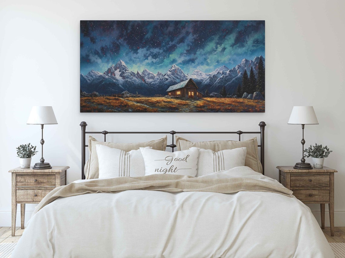 Log Cabin Under Aurora Night Sky Snowy Mountain Peaks Art Poster - Image 3