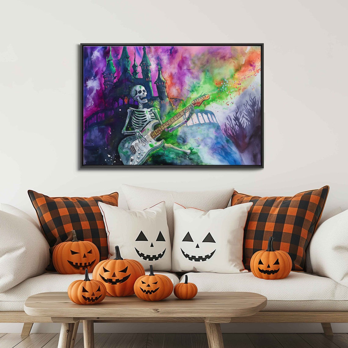 Skeleton Playing Electric Guitar Spooky Castle Watercolor Poster - Image 3