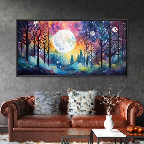 Celestial Moonlit Forest Colorful Wall Art Painting Framed Print Ready To Hang Watercolor Painting