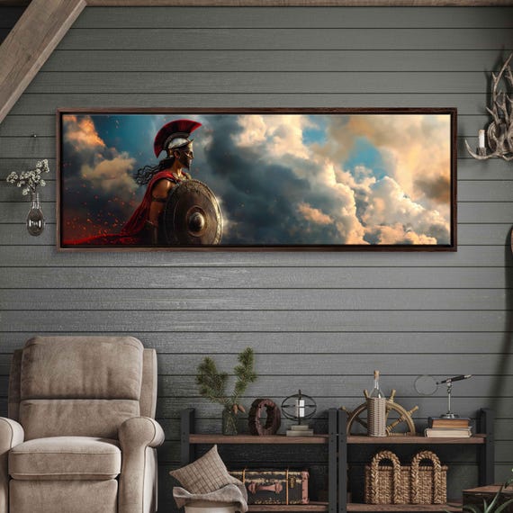 Athena With Shield Standing In Clouds Wall Art Print Greek Mythology Goddess Of War Olympian Ready To Hang