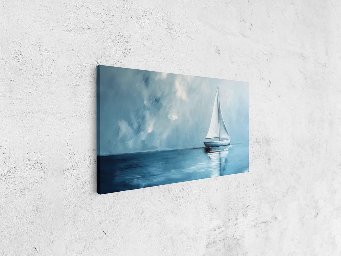 Lone Sailboat On Calm Sea Under Soft Misty Blue Cloudy Sky Poster - Image 4