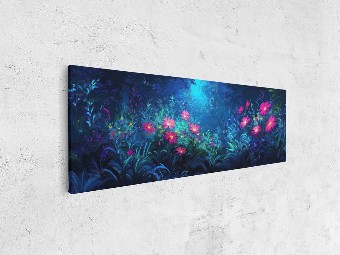 Glowing Neon Flower Garden Electric Blue Night Blooms Art Poster - Image 4