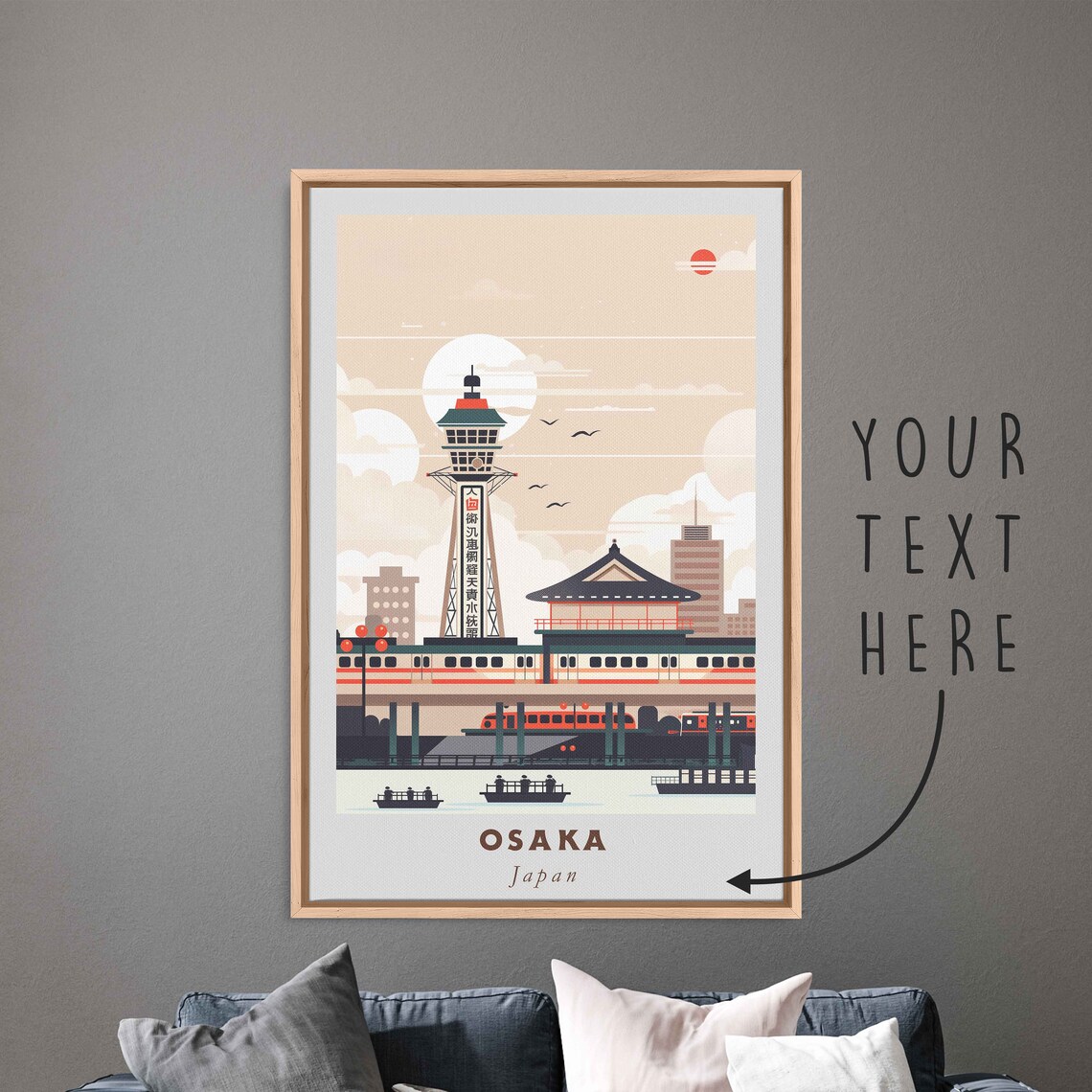 Osaka Japan Tsutenkaku Tower Train Retro Cityscape Travel Poster
