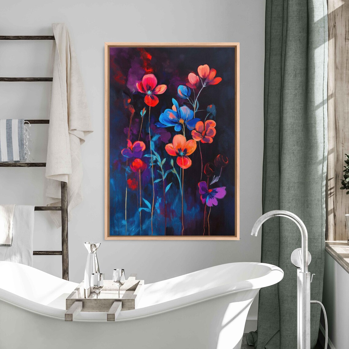 Neon Poppies Red Blue Wildflowers Night Dark Floral Art Poster