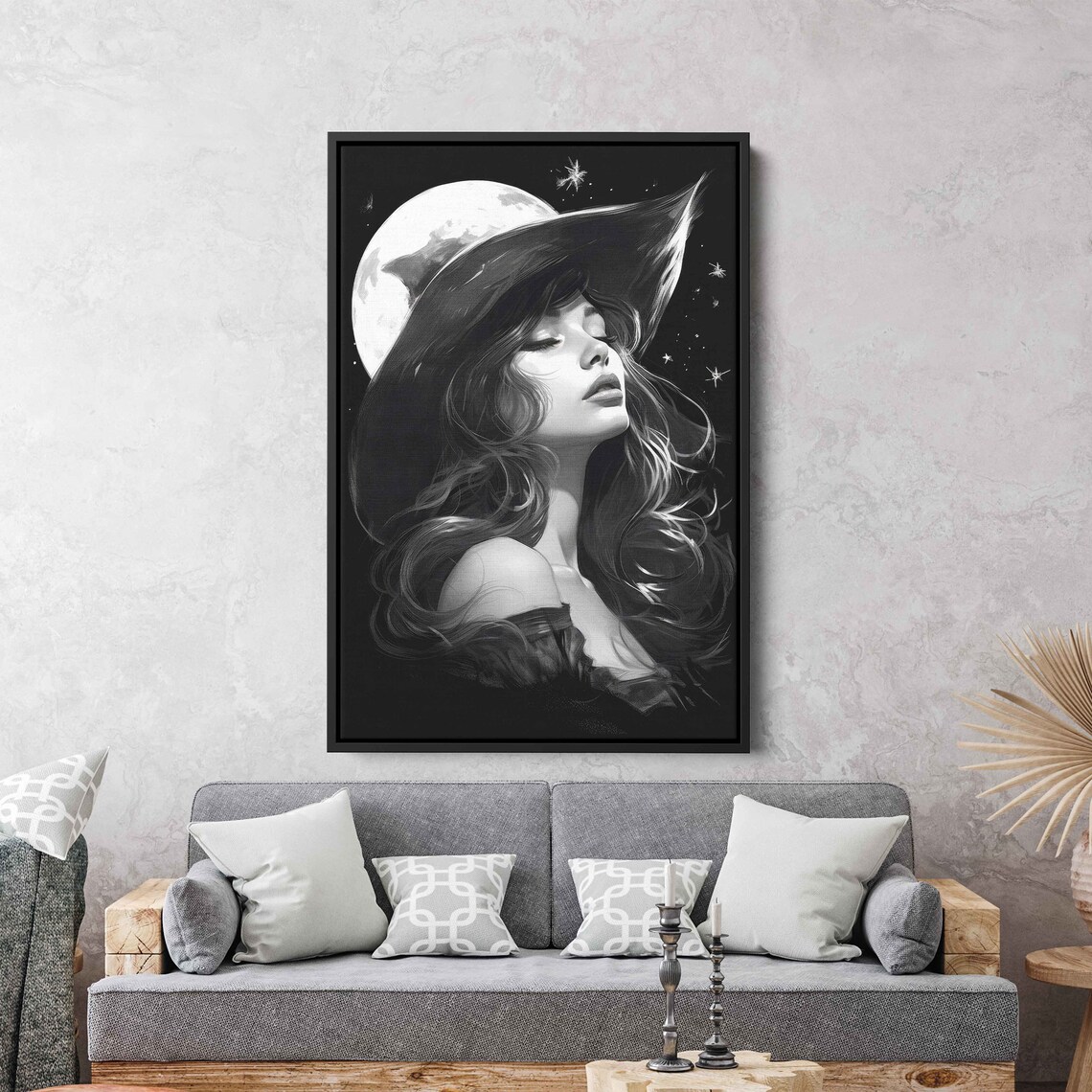 Celestial Witch Black White Portrait Full Moon Stars Halloween Art Print - Image 3