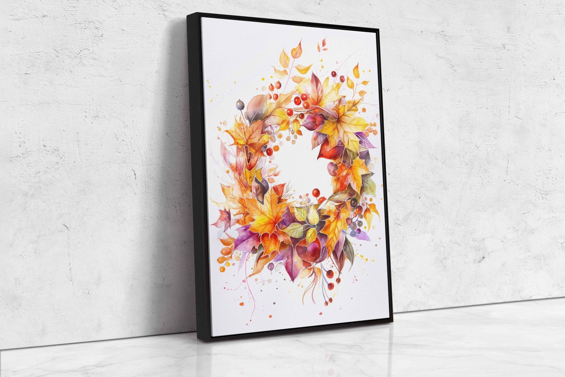 Watercolor Autumn Wreath With Fall Leaves And Red Berries Wall Art - Image 4