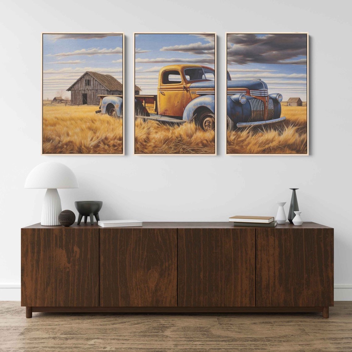 Vintage Pickup Truck Golden Wheat Field Old Barn Triptych Art Print - Image 4