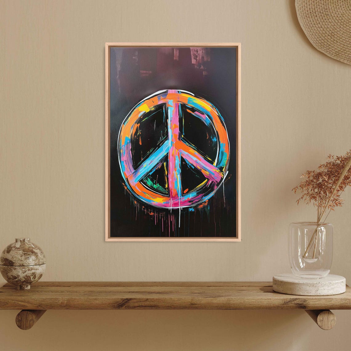 Neon Peace Sign Black Background Rainbow Brushstroke Wall Poster