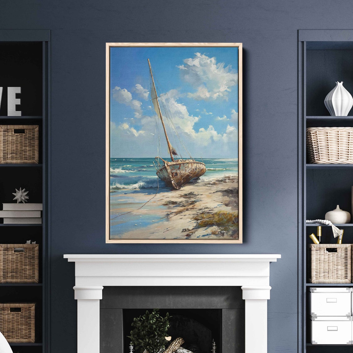Old Sailboat Beached On Sunny Shore Blue Sky Coastal Painting Poster - Image 3