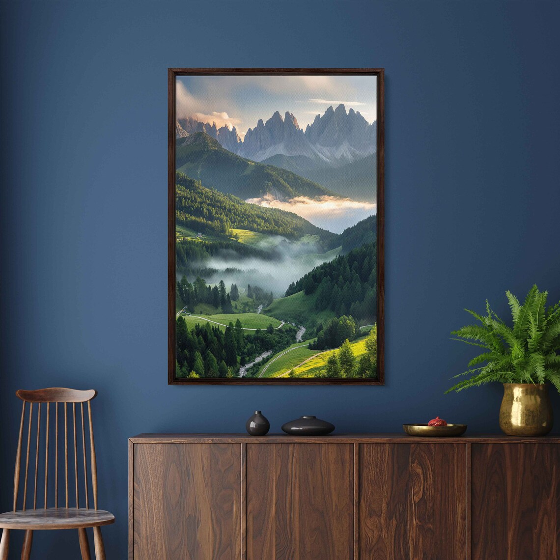 Sunlit Misty Forest Lush Greenery Mountain Ranges Cloudy Skies Wall Art Print Ready To Hang