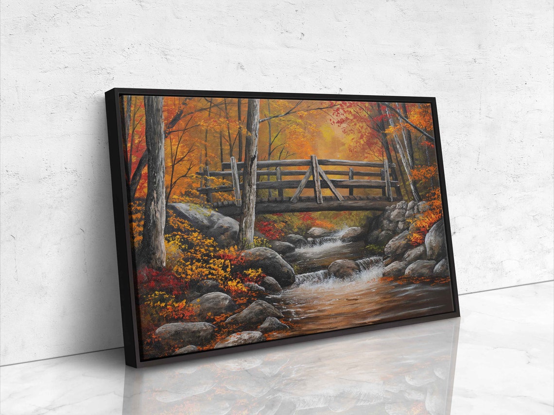 Wooden Bridge Over Boulder Stream In Golden Autumn Forest Art Poster - Image 4