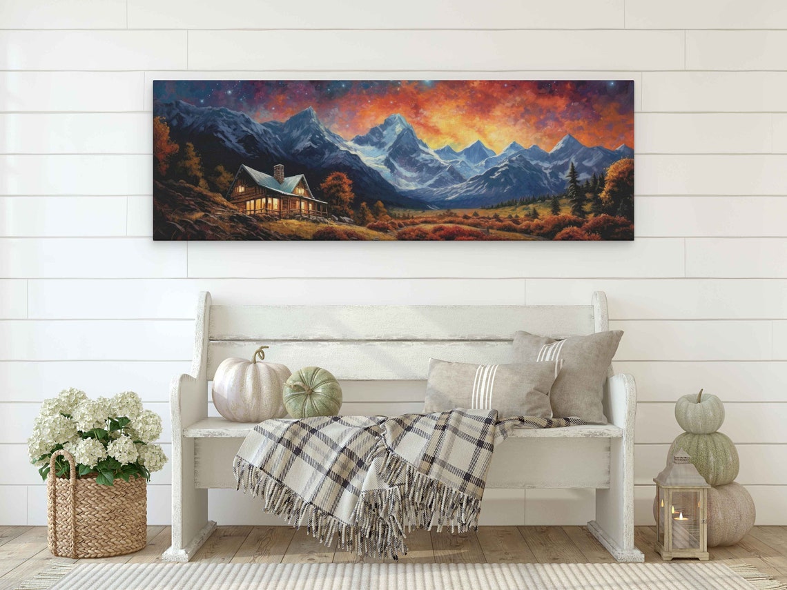 Cabin at Fiery Sunset Snowy Peaks Autumn Trees Mountain Wall Poster - Image 2