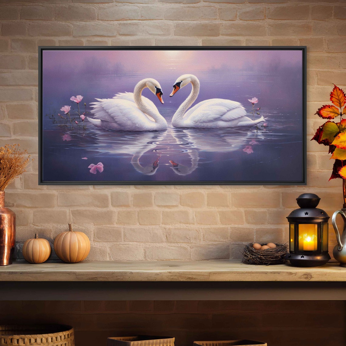Swan Couple Heart Shape Purple Pond Pink Petals Love Art Poster - Image 2