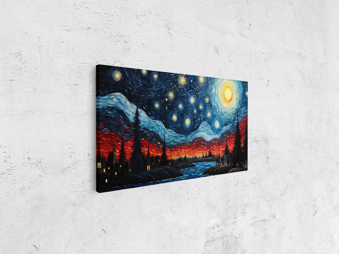 Starry Night River Town Moonlit Water Swirling Blue Sky Van Gogh Art Print - Image 4