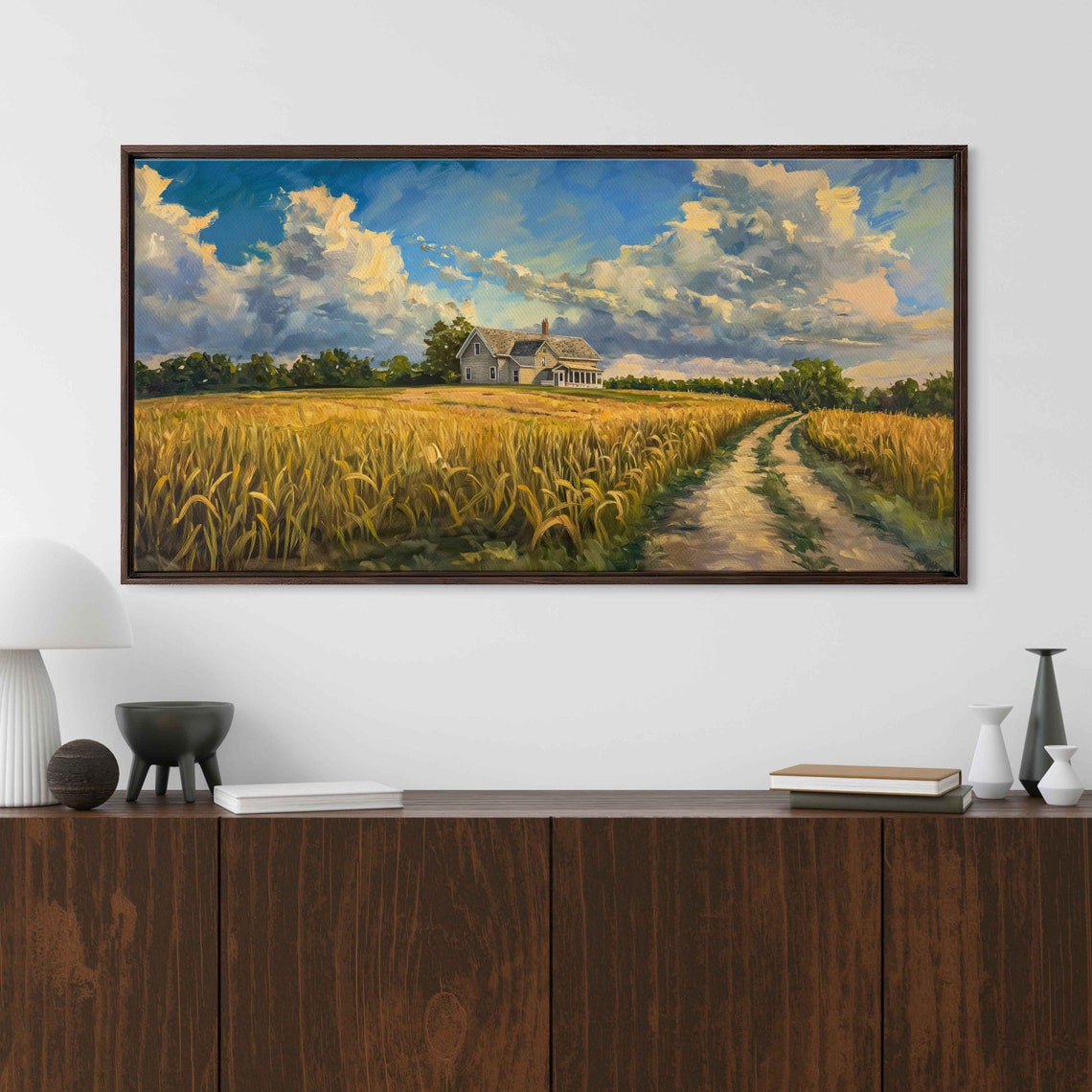 Golden Wheat Field Farmhouse Path Towering Clouds Blue Sky Painting - Image 3