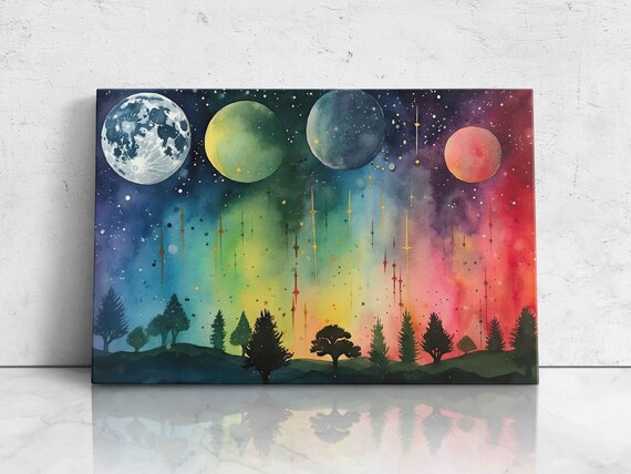Celestial Night Sky Four Planets Aurora Rainbow Trees Watercolor Print