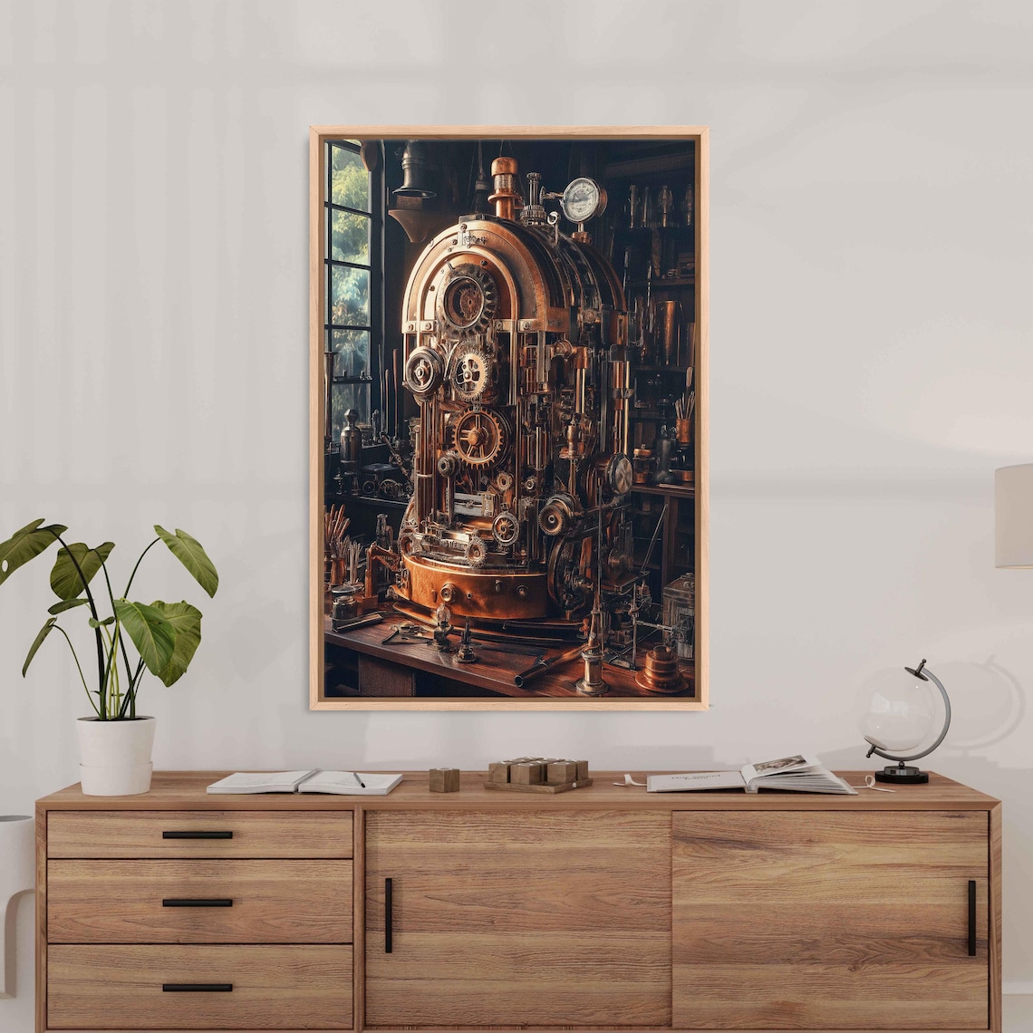 Intricate Steampunk Engine, Victorian Workshop Art Print