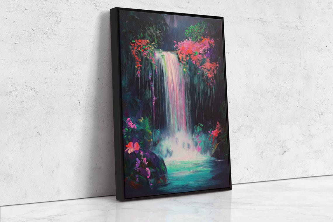 Glowing Neon Waterfall With Pink Flowers And Teal Pool Art Poster - Image 4