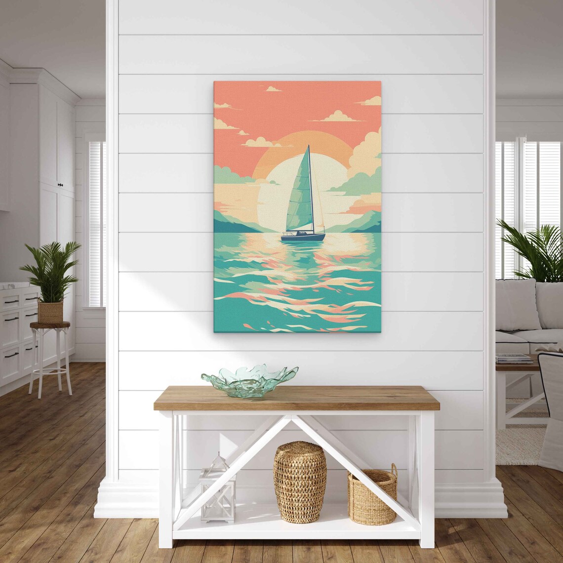 Minimalist Pastel Sailboat Sunset Calm Sea Teal Water Retro Style Travel Poster - Image 2
