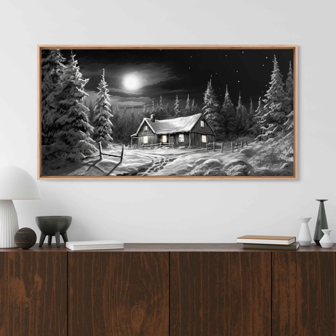 Log Cabin Winter Landscape, Black And White Art Print - Image 2