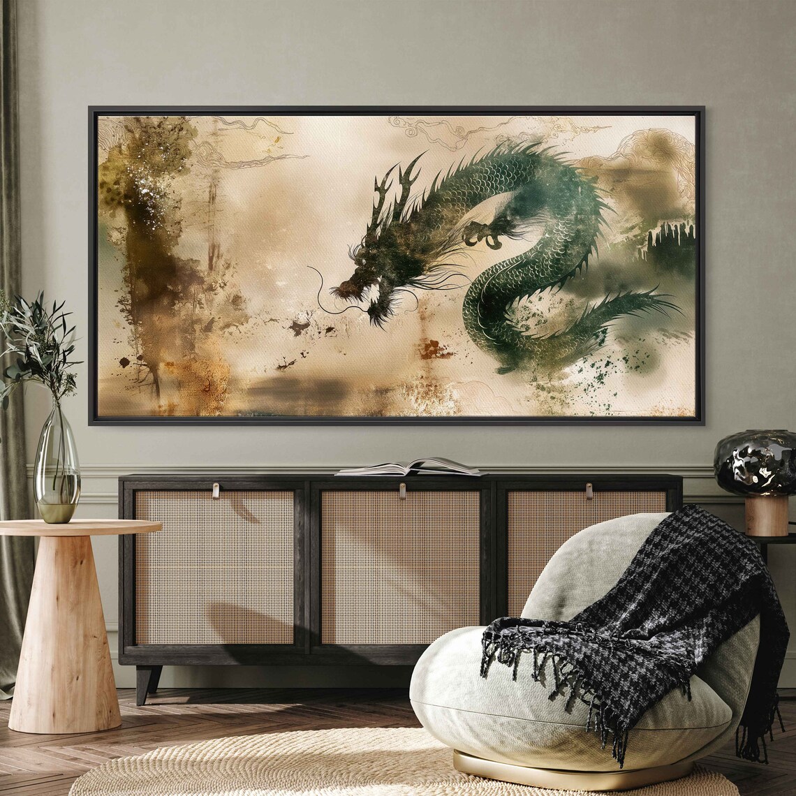 Chinese Wood Dragon Ink Painting Traditional Green Dragon Zodiac Art Poster