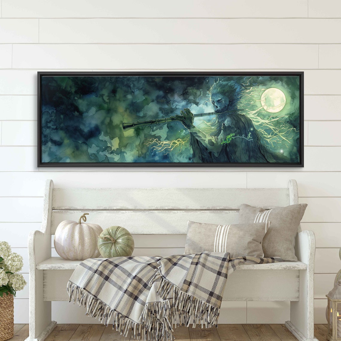 Mystical Forest Spirit Playing Flute Moonlit Night Clouds Poster - Image 3