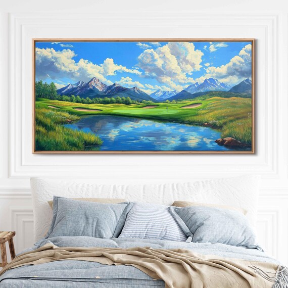 Scenic Golf Course Landscape Wall Art Print Vibrant Oil Painting Mountain View