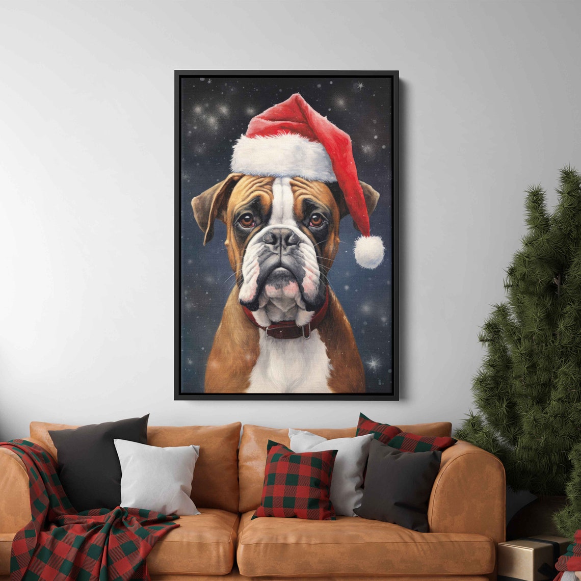 Smiling Happy Boxer Dog Wearing Santa Hat Christmas Portrait Poster