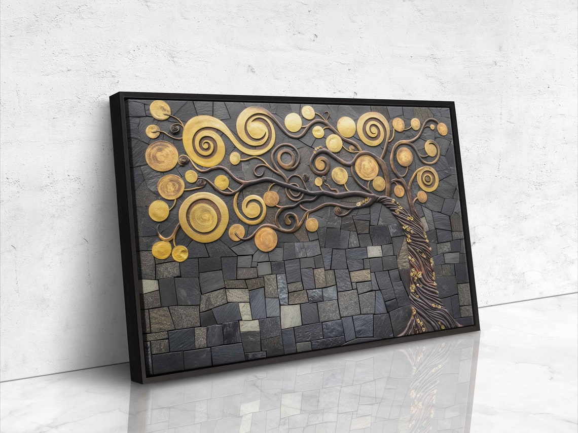 Bauerngarten By Klimt Bas Relief Style Inspired Wall Art Print Gold Trimmed Tree Sculpture Painting Ready To Hang - Image 4