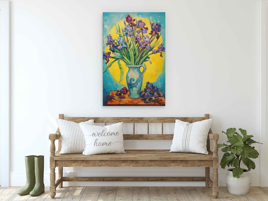 Purple Iris Flowers in Blue Vase Still Life Painting Art Print Poster - Image 2